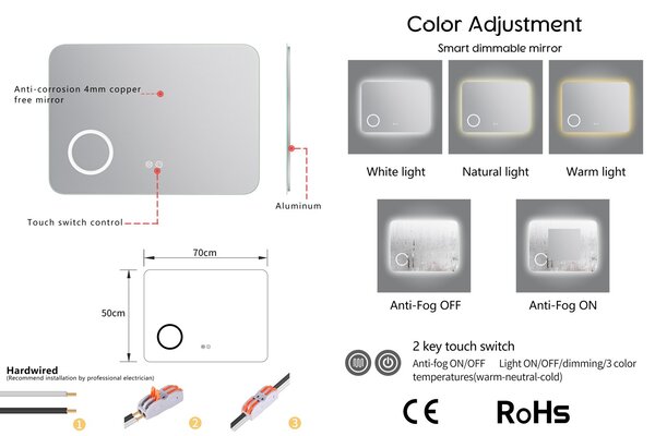 Erga Myra, LED tükör 70x50 cm kozmetikai tükörrel, 3x nagyítás, 2662 lm, 3 fényszín, háttérvilágítás, ERG-V01-MYRA-7050-00