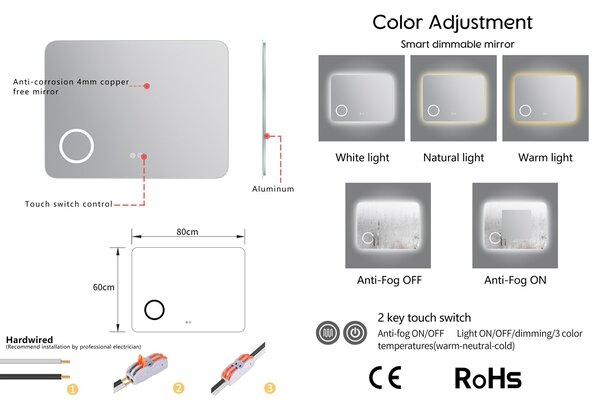 Erga Myra, LED tükör 80x60 cm kozmetikai tükörrel, 3x nagyítás, 3146 lm, 3 fényszín, háttérvilágítás, ERG-V01-MYRA-8060-00