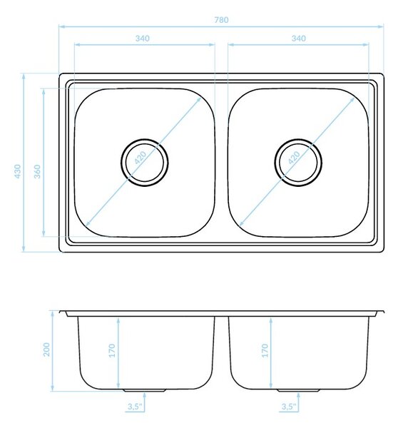 Kuchinox STANDARD, 2 rekeszes acél mosogató 780x430x170 mm, SKS_020T