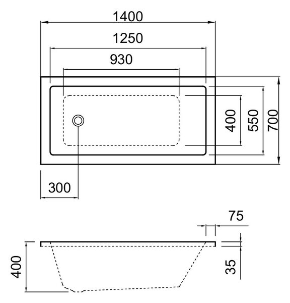Erga Pureline-S, kád 1400x700x400 mm lábak nélkül, fényes fehér, ERG-V07-PURELINE-S-140x070-WH