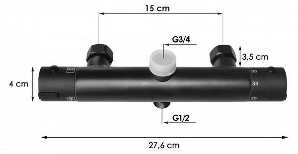 Erga Erga, termosztátos zuhanycsaptelep felső 3/4"-os zuhanyoszlop-csatlakozással, matt fekete, ERG-YKA-BW.FL-THERM-BLK