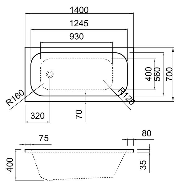 Erga Pureline-O, kád 1400x700x400 mm lábak nélkül, fényes fehér, ERG-V07-PURELINE-O-140x070-WH