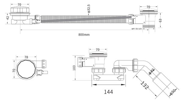 Erga Pureline, kád lefolyó- és túlfolyógarnitúra, 800 mm hosszú, bowden, matt fekete, ERG-V08-PURELINE-SIPHON80-BK