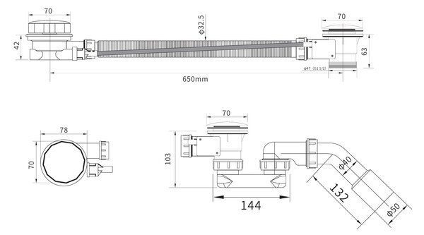 Erga Pureline, kád lefolyó- és túlfolyógarnitúra, 650 mm hosszú, bowden, króm, ERG-V08-PURELINE-SIPHON60-CR