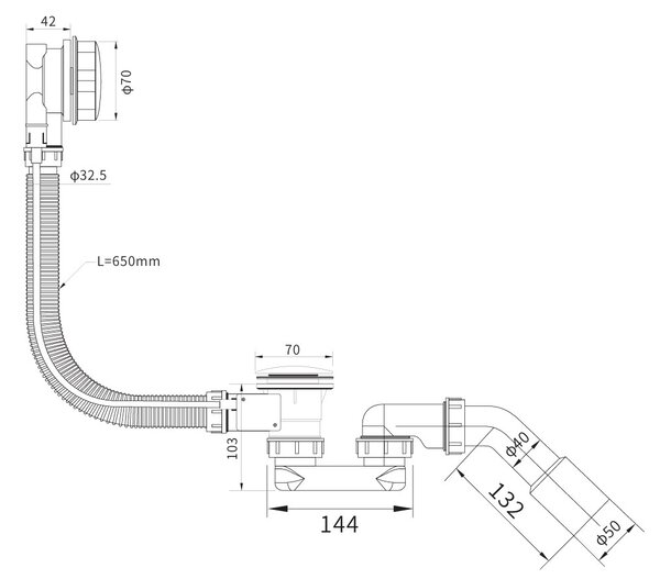 Erga Pureline, kád lefolyó- és túlfolyógarnitúra, 650 mm hosszú, bowden, króm, ERG-V08-PURELINE-SIPHON60-CR
