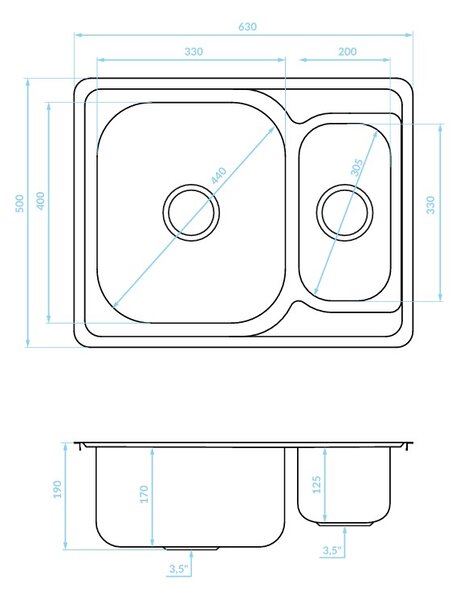 Kuchinox Junak, 1,5 rekeszes rozsdamentes mosogató 630x500x190 mm, acél, LAV-SQA_030T