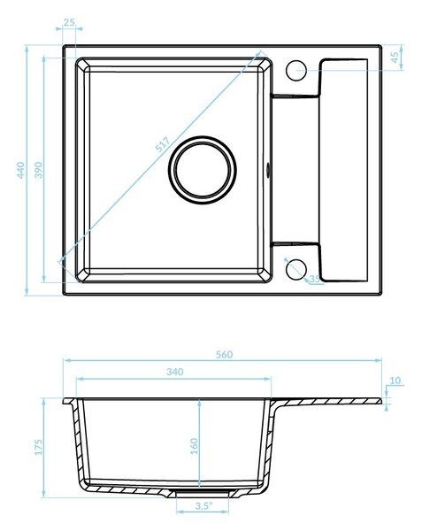 Kuchinox Rab, 1 rekeszes gránit mosogató 560x440x175 mm csepegtetővel, bézs, LAV-SBF_413Y