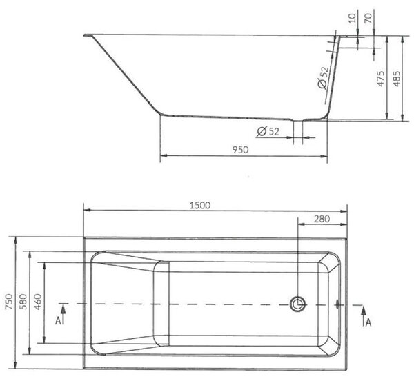 Cersanit Crea Slim akril kád 150x75cm + lábak, fehér, S301-233