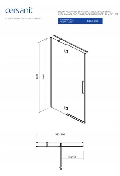 Cersanit Crea, szárnyas ajtó nyílásra 90x200 cm (balra), 8mm átlátszó üveg, króm profil, S159-005