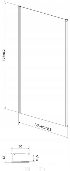 Cersanit LARGA, oldalfal zuhanykabinokhoz 80x195cm, króm színű, átlátszó üveg, S932-131