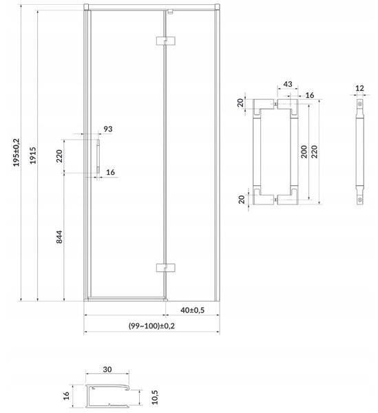 Cersanit Larga, szárnyas ajtó a furathoz 100x195cm, jobbos kivitel, 6mm átlátszó üveg, fekete profil, S932-125