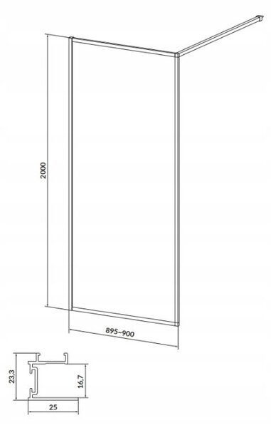 Cersanit Larga, Walk-In zuhany paraván 90x200 cm, 8mm átlátszó üveg, fekete profil, S932-138