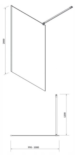 Cersanit Mille, zuhanykabin paravánja 100x200 cm, 8mm átlátszó üveg, fekete profil, S161-003
