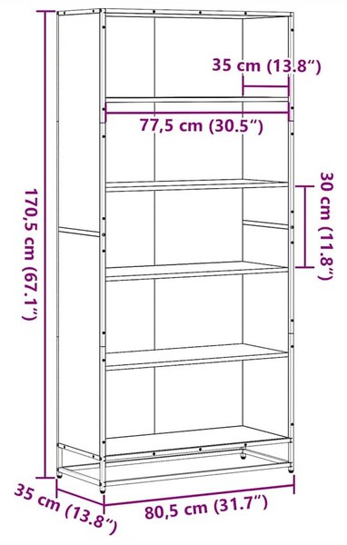 VidaXL füstölt tölgy színű szerelt fa könyvespolc 80,5 x 35 x 170,5 cm