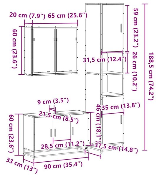 VidaXL 4 részes füstös tölgy színű szerelt fa fürdőszobai bútorszett