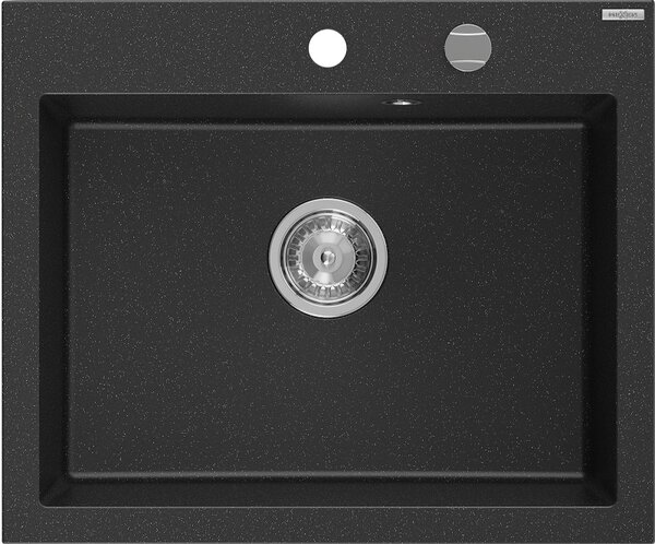 Mexen Eliz, 1 rekeszes gránit mosogató 600 x 500 mm, fekete/ezüstmetál, króm szifon - 6525601005-73