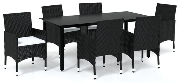 7 részes fekete polyrattan kerti étkezőgarnitúra párnákkal