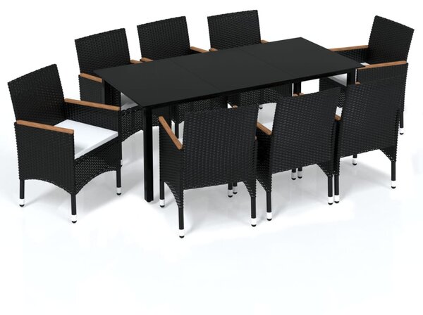 9 részes fekete polyrattan kerti étkezőgarnitúra párnákkal