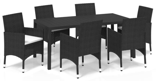 7 részes fekete polyrattan kerti étkezőgarnitúra párnákkal