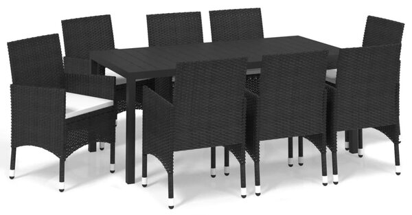 9 részes fekete polyrattan kerti étkezőgarnitúra párnákkal