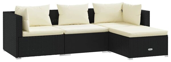 4 részes fekete polyrattan kerti bútorszett párnákkal