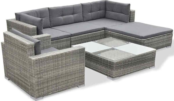 6-részes szürke polyrattan kerti bútorszett párnákkal