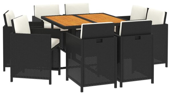 9 részes fekete polyrattan kerti étkezőgarnitúra párnákkal
