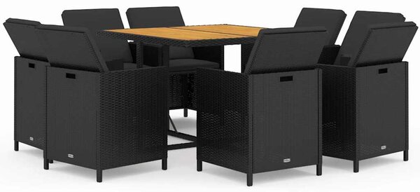 9 részes fekete polyrattan kerti étkezőgarnitúra párnákkal
