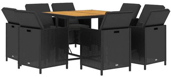 9 részes fekete polyrattan kerti étkezőgarnitúra párnákkal