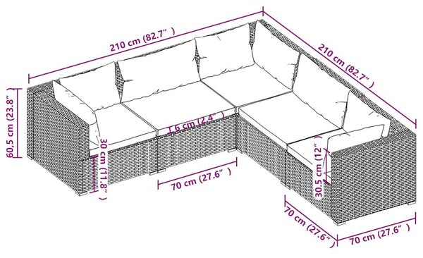 5 részes fekete polyrattan kerti ülőgarnitúra párnákkal