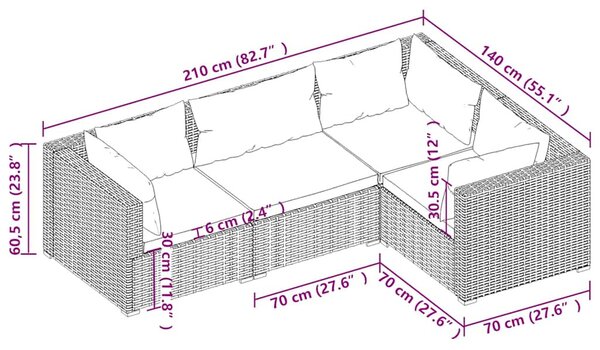 4 részes barna polyrattan kerti bútorszett párnákkal