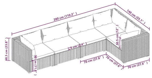 5 részes fekete polyrattan kerti ülőgarnitúra párnákkal
