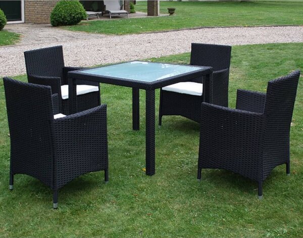 5-részes fekete polyrattan kültéri étkezőszett párnákkal
