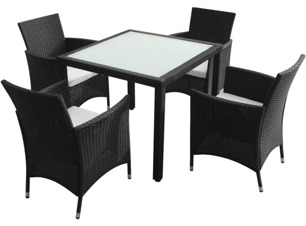 5-részes fekete polyrattan kültéri étkezőszett párnákkal