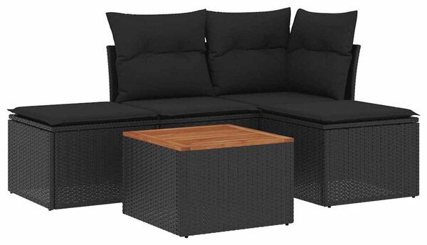 5 részes fekete polyrattan kerti kanapészett párnákkal
