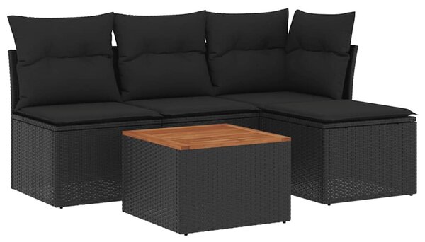 5 részes fekete polyrattan kerti kanapészett párnákkal