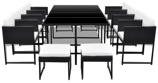 13-részes fekete polyrattan kültéri étkezőszett párnákkal