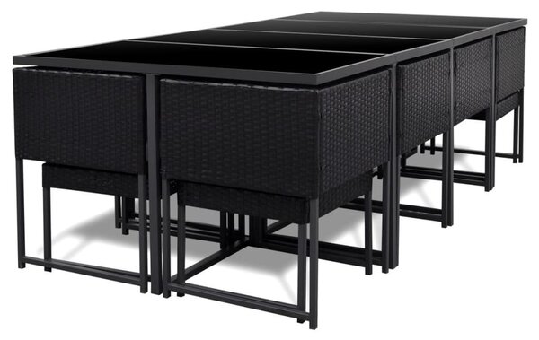 13-részes fekete polyrattan kültéri étkezőszett párnákkal