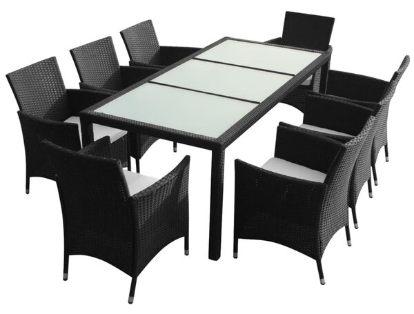 9-részes fekete polyrattan kültéri étkezőszett párnákkal