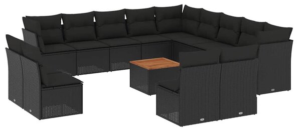 14 részes fekete polyrattan kerti ülőgarnitúra párnákkal
