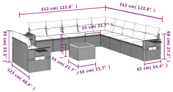 12 részes bézs polyrattan kerti ülőgarnitúra párnákkal