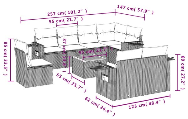 9 részes bézs polyrattan kerti ülőgarnitúra párnákkal