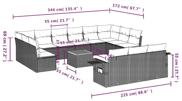 14 részes fekete polyrattan kerti ülőgarnitúra párnákkal