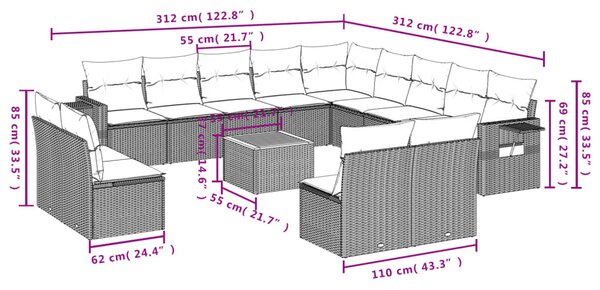 14 részes szürke polyrattan kerti ülőgarnitúra párnákkal