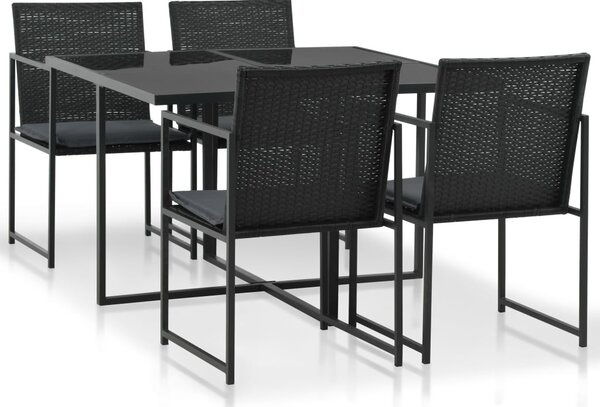 5-részes fekete polyrattan kültéri étkezőszett párnákkal