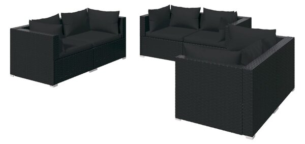 6 részes fekete polyrattan kerti ülőgarnitúra párnákkal