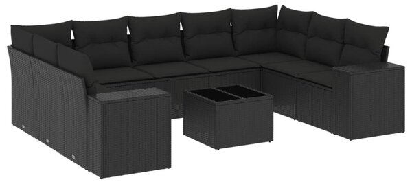 10 részes fekete polyrattan kerti ülőgarnitúra párnákkal