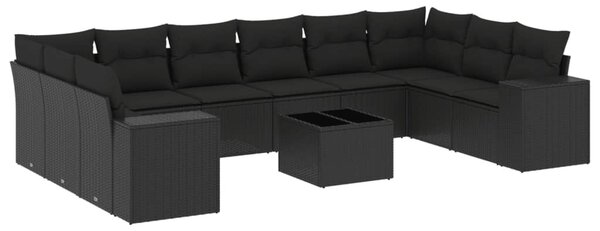 11 részes fekete polyrattan kerti ülőgarnitúra párnákkal