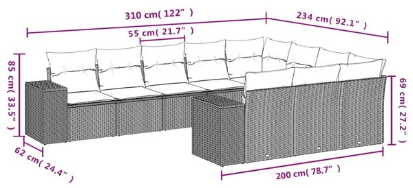 10 részes bézs polyrattan kerti ülőgarnitúra párnával