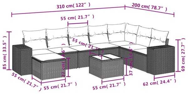 9 részes bézs polyrattan kerti ülőgarnitúra párnákkal